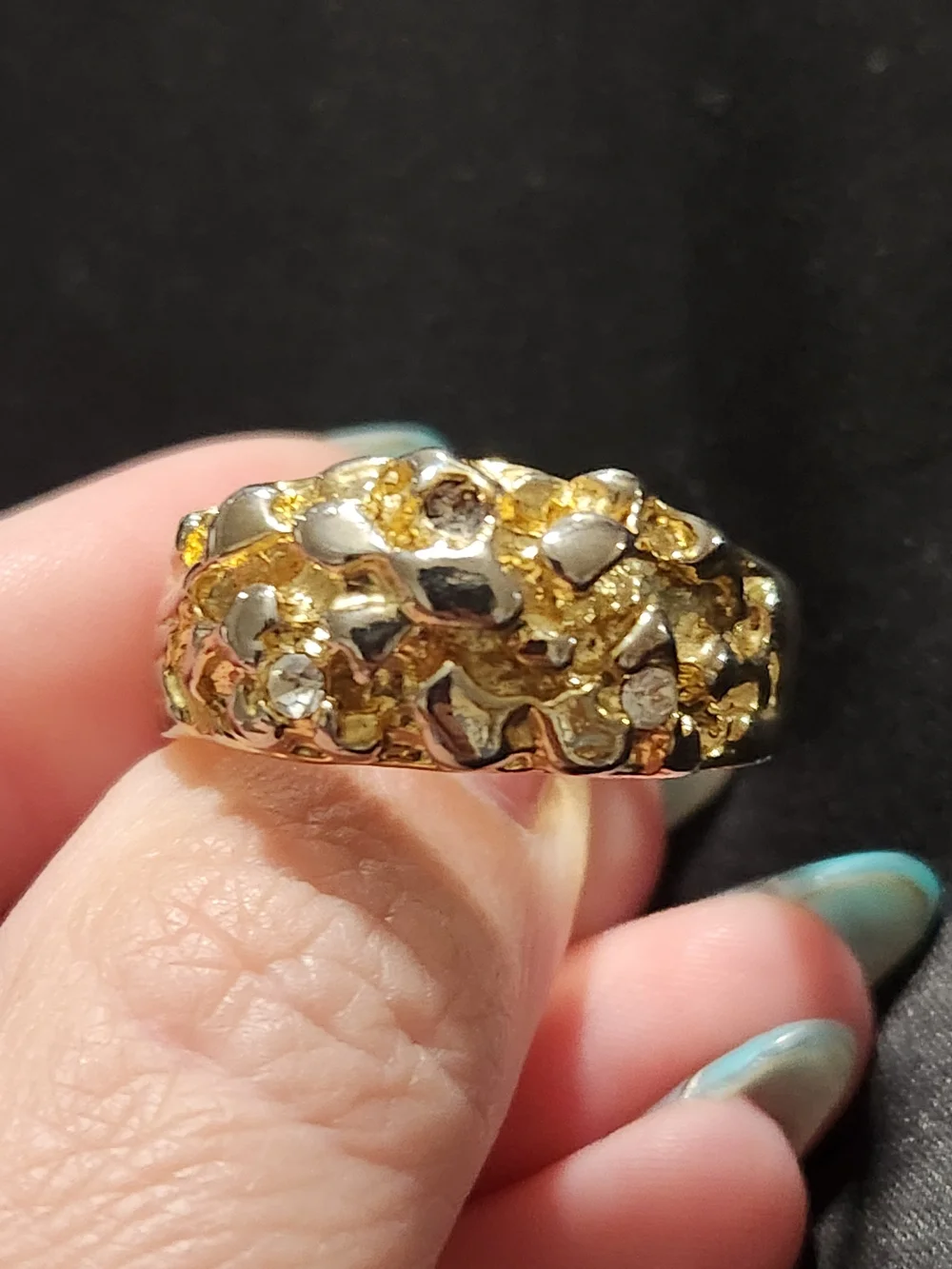 Mens Gold-Tone Nugget Style Statement Ring with Faux Diamonds